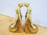 Pair of Art Deco Style Bookends in the Form of Two Nudes Standing on Shells (24cm high, Cast Resin)