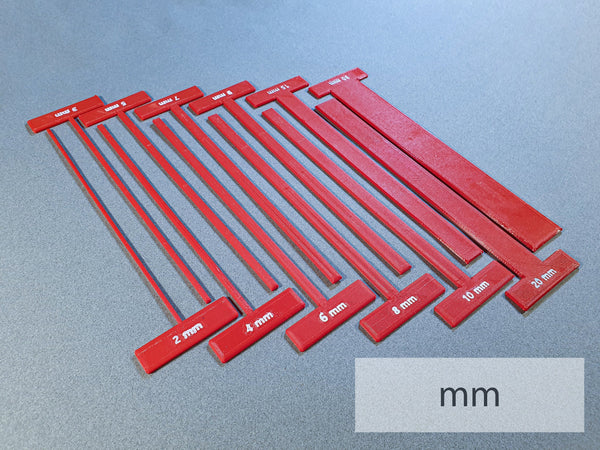 Set of Thin T-Spacers (Metric) Gauges/Straightedges for Bookbinding, Cartonnage, and Other Crafts (2.5 mm high, 3d-printed, Mark II)