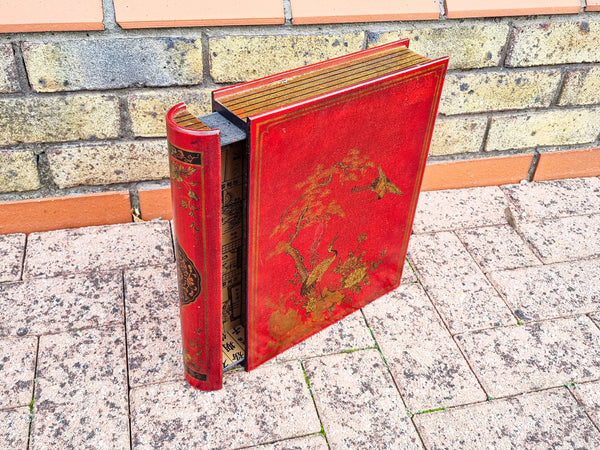 Vintage Chinese-Style Book-Shaped Hardwood Box (Red Box Lacquered with Cranes)